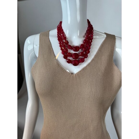 Vintage Triple-Strand Red Lucite Beaded Necklace With Brass Findings & Hook Clas - Picture 7 of 16